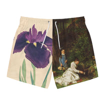 Pair of shorts with a purple flower design on one side and a nature scene with people on the other side.